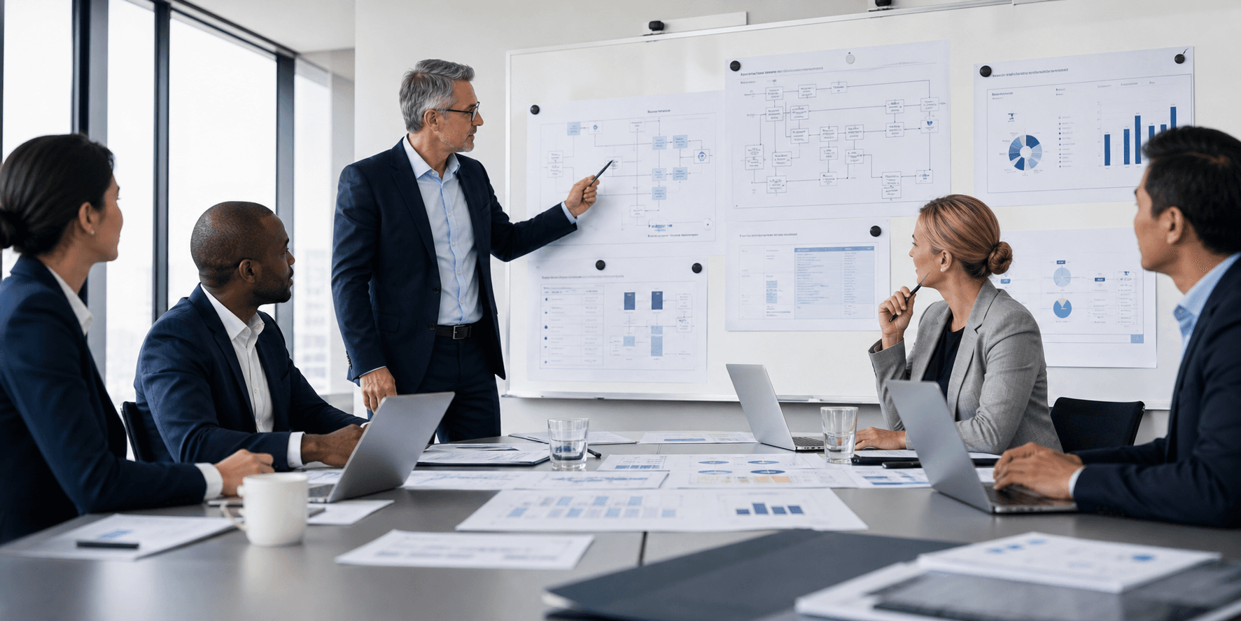 Consultants reviewing process maps and business metrics in a strategy workshop